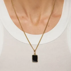 Sale Black Onyx Unisex Curb Chain Pendant Necklace in Gold Natural Gemstones | 18k Fine Gold Plated