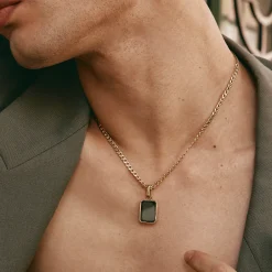 Sale Black Onyx Unisex Curb Chain Pendant Necklace in Gold Natural Gemstones | 18k Fine Gold Plated