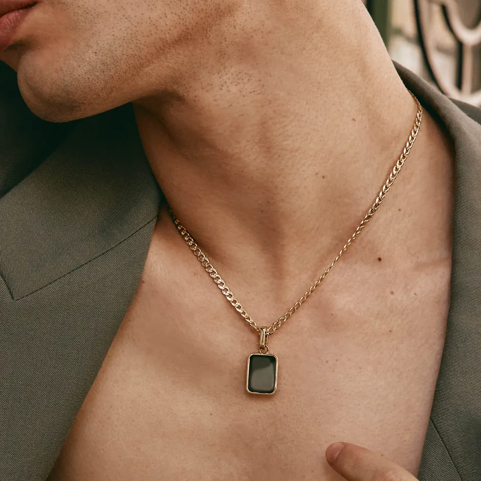 Sale Black Onyx Unisex Curb Chain Pendant Necklace in Gold Natural Gemstones | 18k Fine Gold Plated