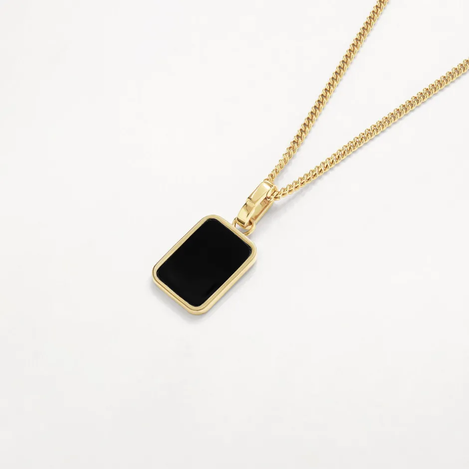 Sale Black Onyx Unisex Curb Chain Pendant Necklace in Gold Natural Gemstones | 18k Fine Gold Plated