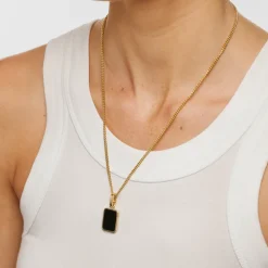 Sale Black Onyx Unisex Curb Chain Pendant Necklace in Gold Natural Gemstones | 18k Fine Gold Plated