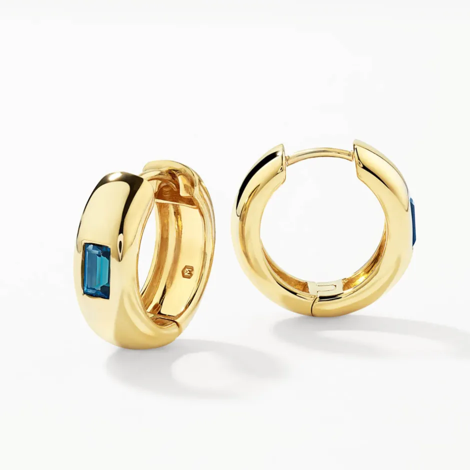 Sale Blue Topaz Baguette Curve Huggies in Gold Birthstone Jewellery | Natural Gemstones