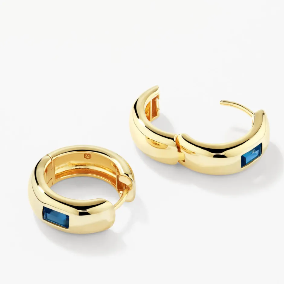 Sale Blue Topaz Baguette Curve Huggies in Gold Birthstone Jewellery | Natural Gemstones