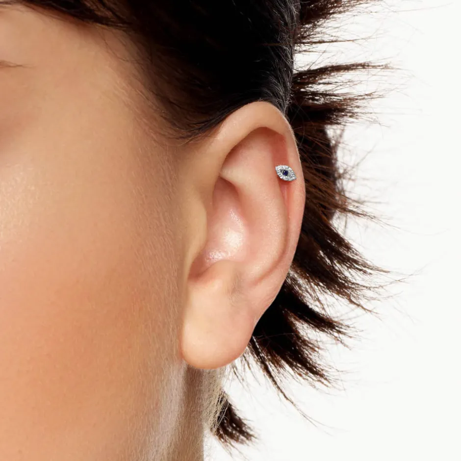 New Diamond Evil Eye Helix Single Stud Earring in Silver Symbolic Jewellery | 925 Sterling Silver