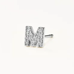 New Diamond Letter M Single Stud Earring in Silver Letter Jewellery | Natural Diamonds