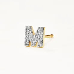 Clearance Diamond Letter M Single Stud Earring in 10k Gold Letter Jewellery | Natural Diamonds