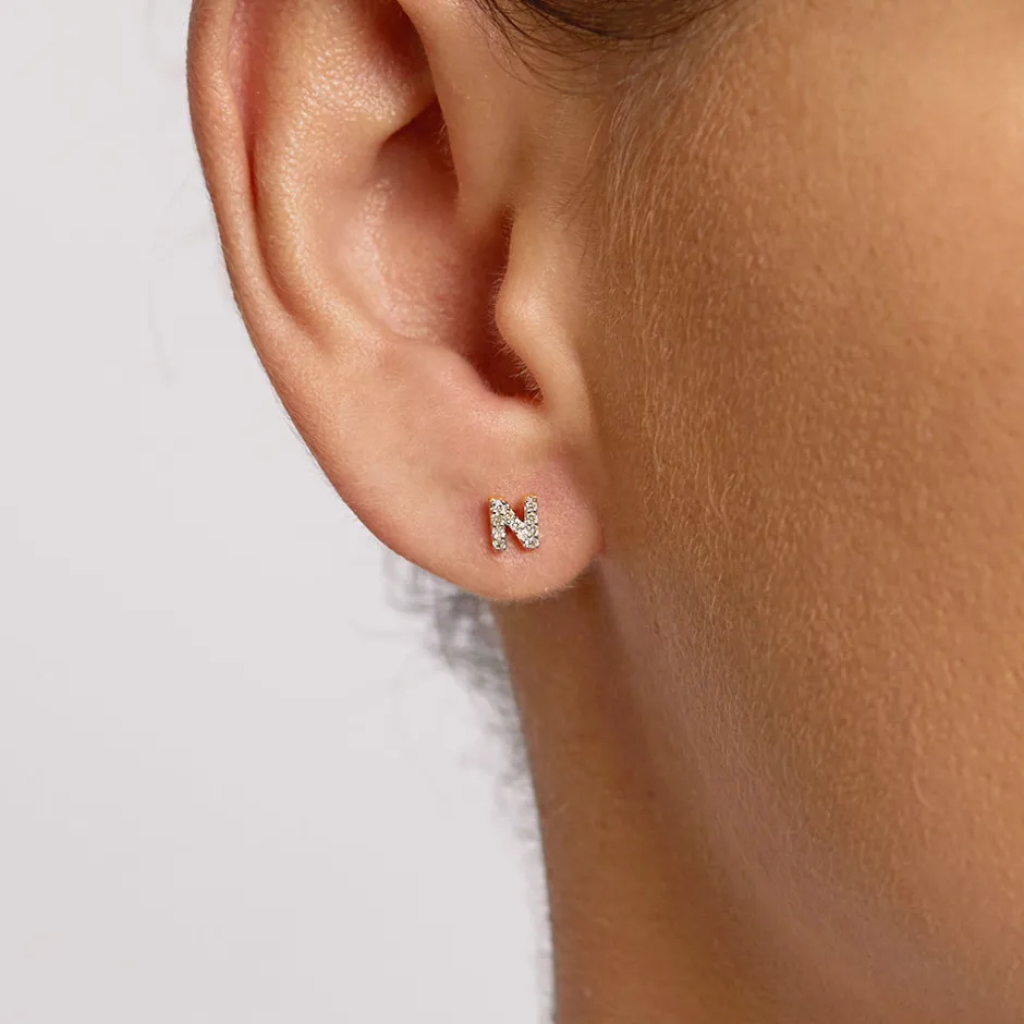Best Diamond Letter N Single Stud Earring in 10k Gold Letter Jewellery | Natural Diamonds