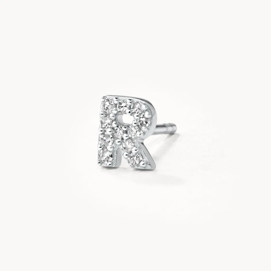 Sale Diamond Letter R Single Stud Earring in Silver Letter Jewellery | Natural Diamonds
