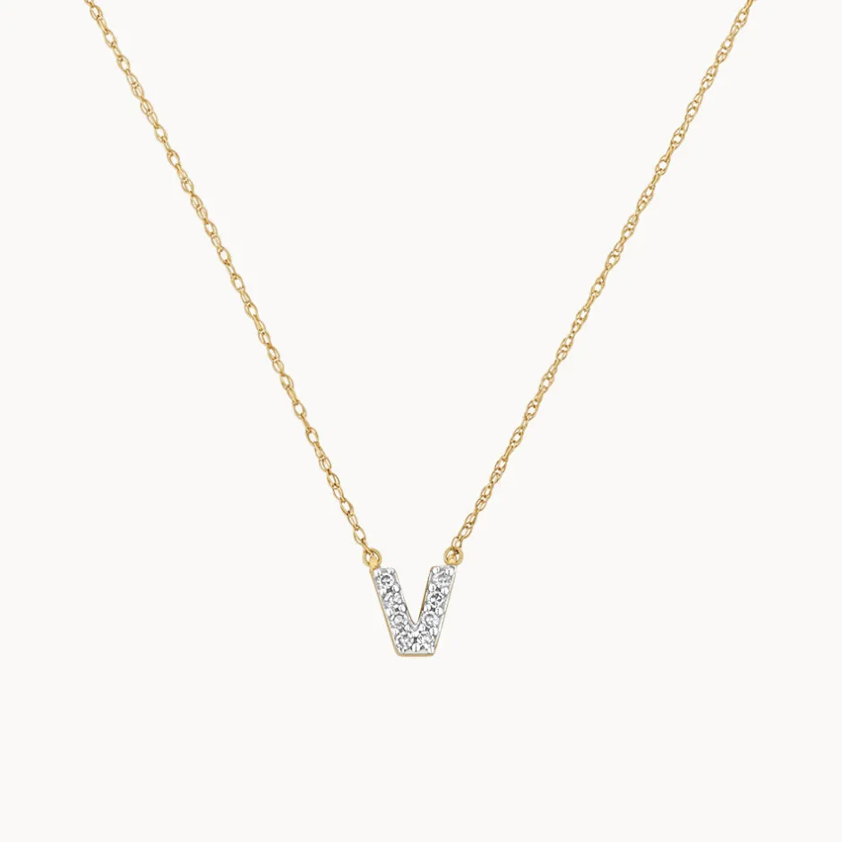 Fashion Diamond Letter V Necklace in 10k Gold Letter Jewellery | Natural Diamonds