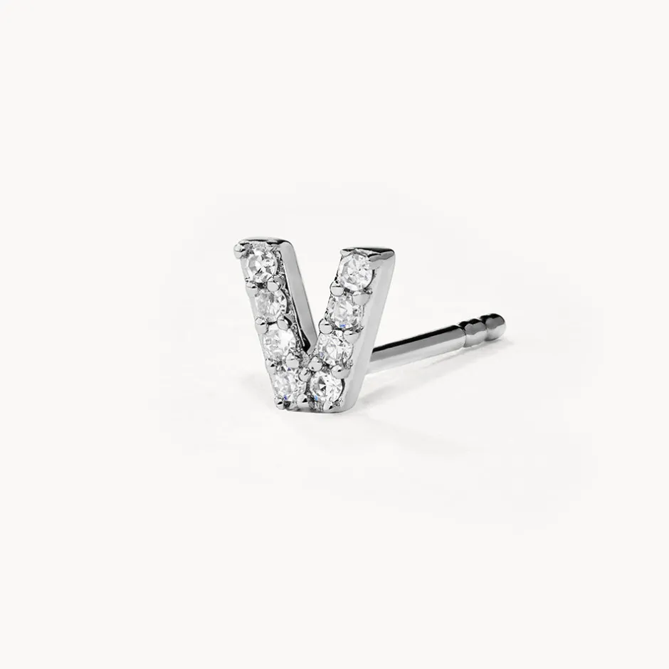 Sale Diamond Letter V Single Stud Earring in Silver Letter Jewellery | Natural Diamonds