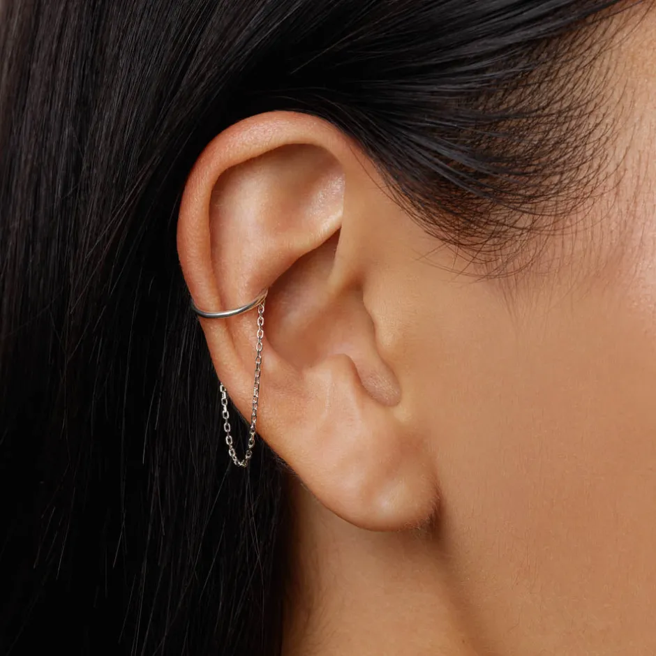 Clearance Drop Chain Single Ear Cuff in Silver 925 Sterling Silver | Earrings