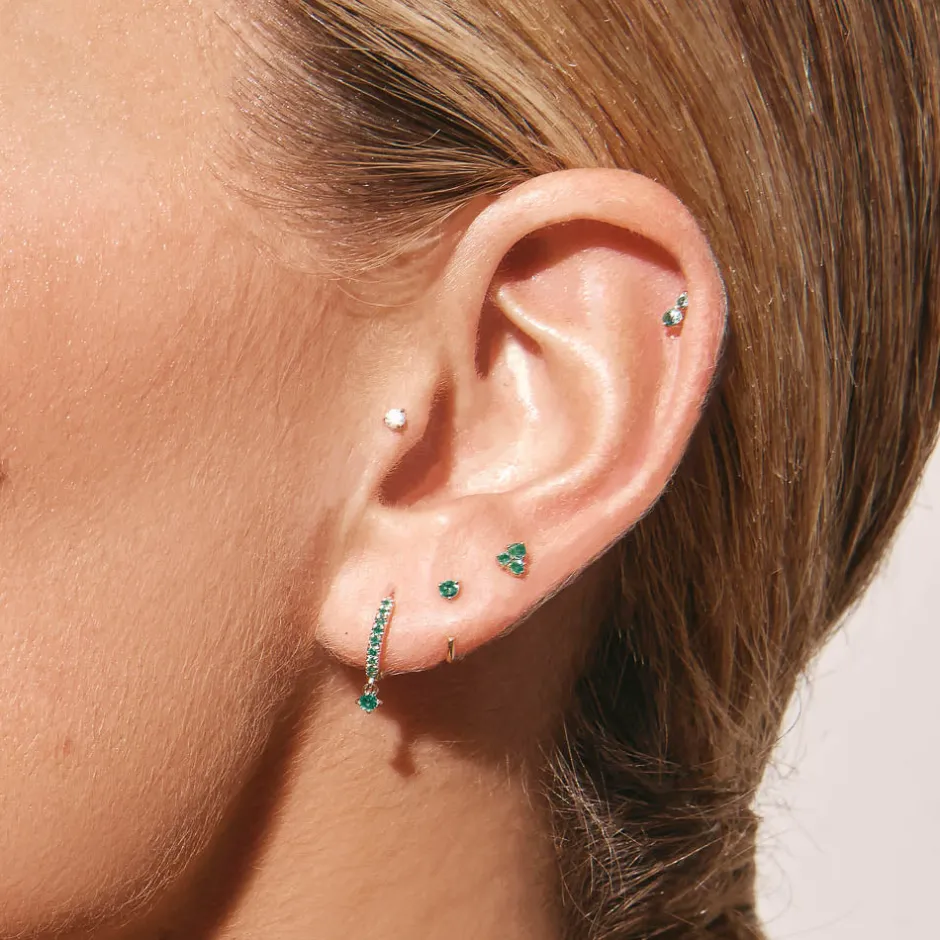 Hot Emerald Trio Helix Single Stud Earring in 10k Gold Natural Gemstones | 10k Gold