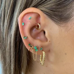 Hot Emerald Trio Helix Single Stud Earring in 10k Gold Natural Gemstones | 10k Gold