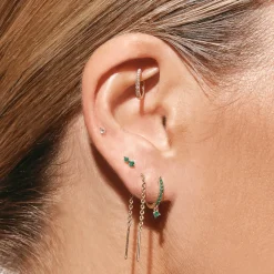 Online Emerald Twin Cluster Helix Single Stud Earring in 10k Gold Birthstone Jewellery | Natural Gemstones
