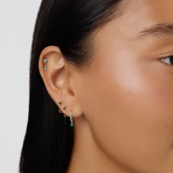 Online Emerald Twin Cluster Helix Single Stud Earring in 10k Gold Birthstone Jewellery | Natural Gemstones