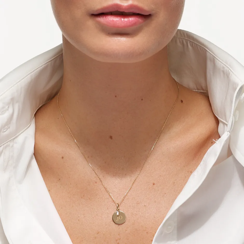 Fashion Engravable Disc Laboratory-Grown Diamond Baguette Necklace in 10k Gold Best Selling Gifts | Gifts For Her