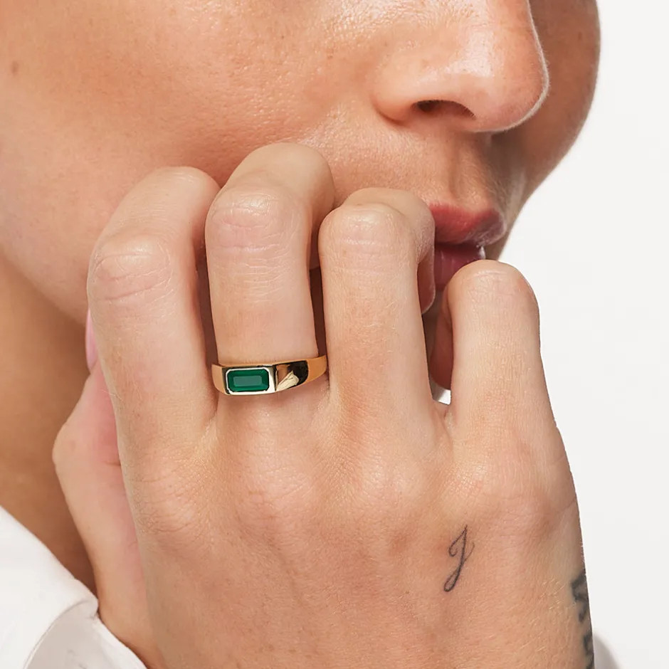 Hot Green Agate Signet Pinky Ring in Gold Gifts For Him | Under $150