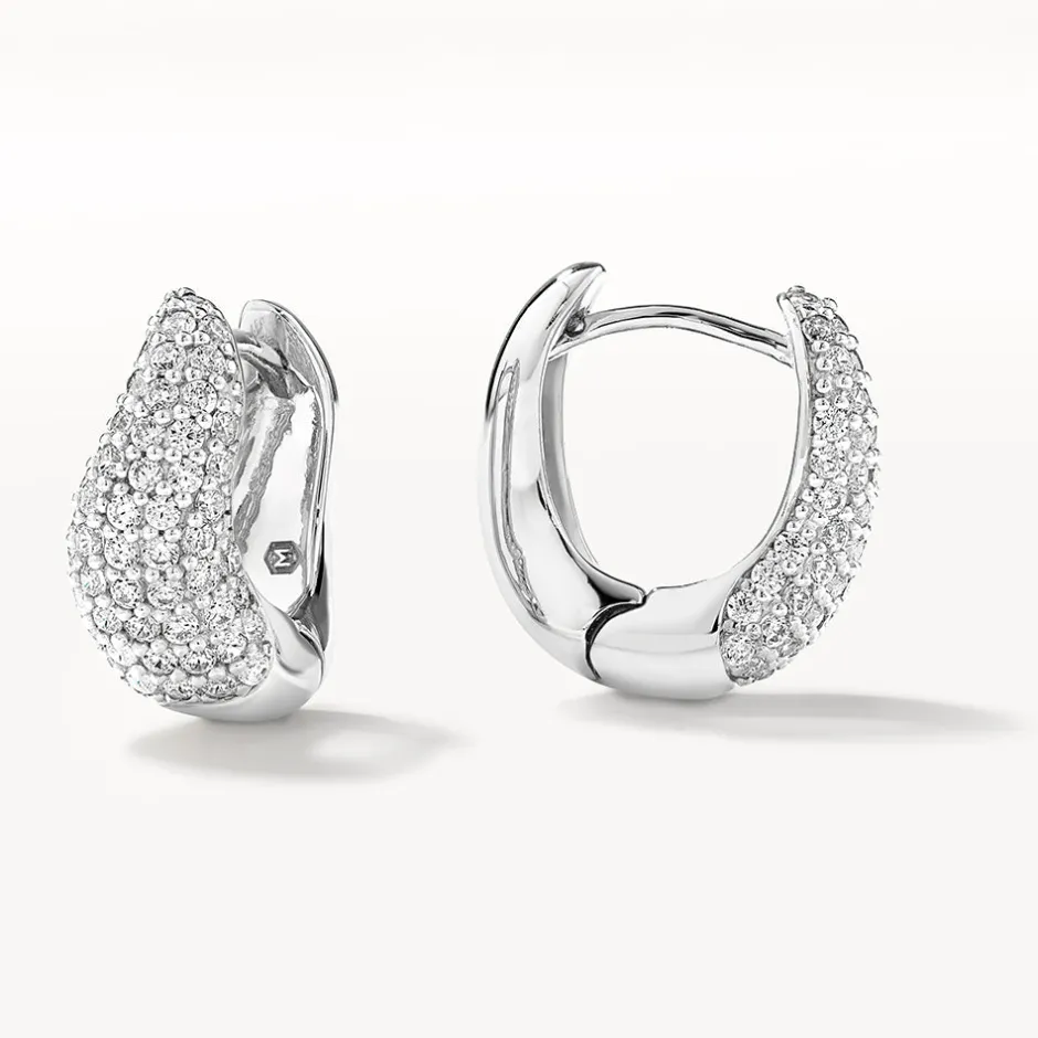 New Midi White Topaz Pave Wave Dome Huggies in Silver Natural Gemstones | 925 Sterling Silver