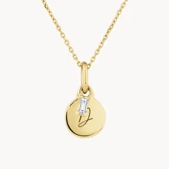 Fashion Mini Engravable Disc Laboratory-Grown Diamond Baguette Necklace in 10k Gold Best Selling Gifts | Gifts For Her