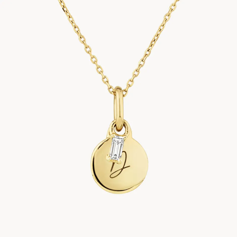 Fashion Mini Engravable Disc Laboratory-Grown Diamond Baguette Necklace in 10k Gold Best Selling Gifts | Gifts For Her