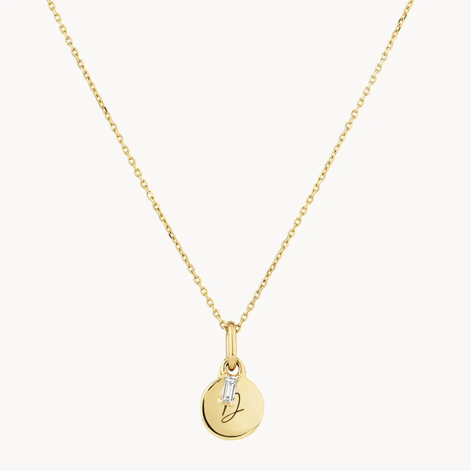 Fashion Mini Engravable Disc Laboratory-Grown Diamond Baguette Necklace in 10k Gold Best Selling Gifts | Gifts For Her