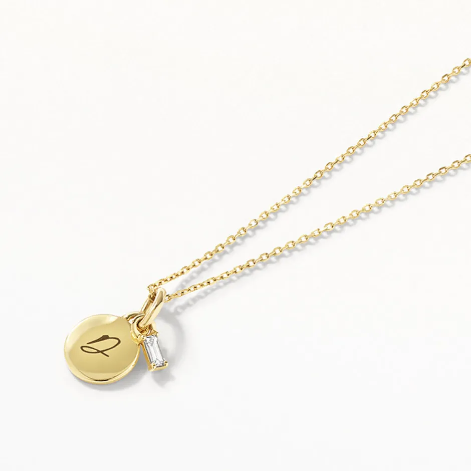 Fashion Mini Engravable Disc Laboratory-Grown Diamond Baguette Necklace in 10k Gold Best Selling Gifts | Gifts For Her