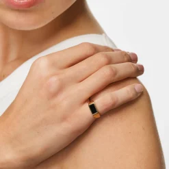 Online Rectangle Black Onyx Unisex Pinky Ring in Gold Natural Gemstones | 18k Fine Gold Plated