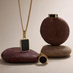 Online Rectangle Black Onyx Unisex Pinky Ring in Gold Natural Gemstones | 18k Fine Gold Plated