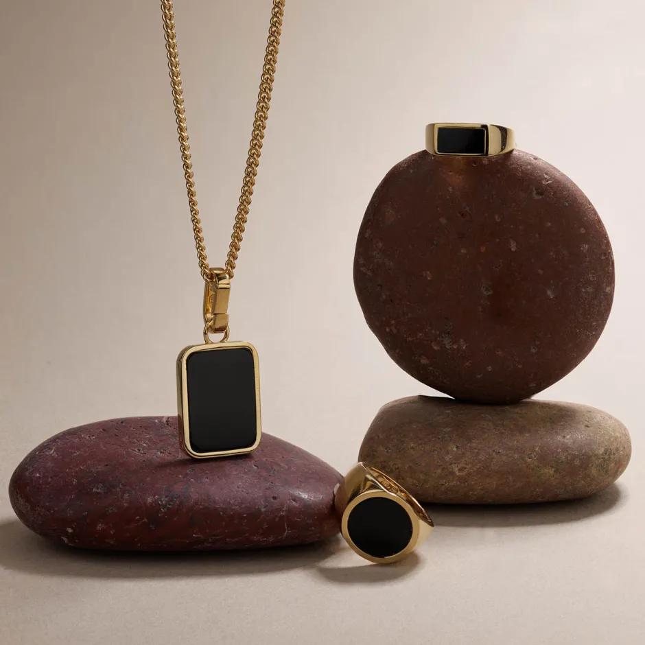 Online Rectangle Black Onyx Unisex Pinky Ring in Gold Natural Gemstones | 18k Fine Gold Plated