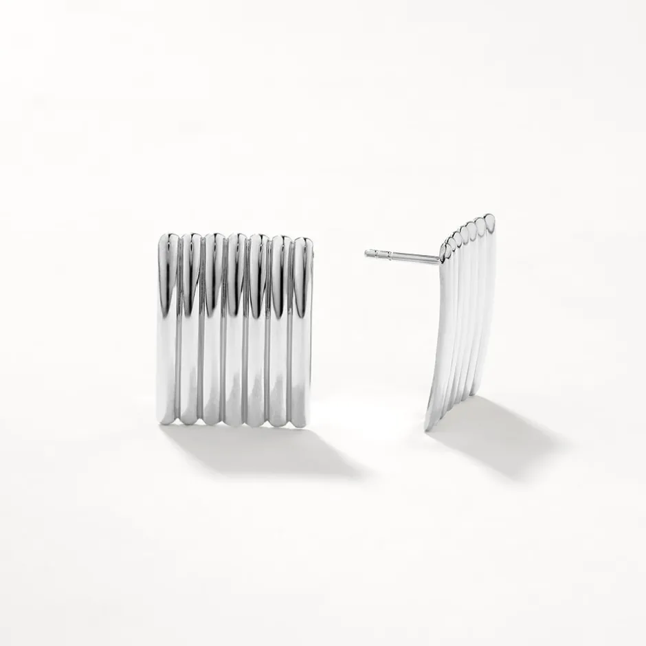 Outlet Ribbed Square Stud Earrings in Silver 925 Sterling Silver | Earrings