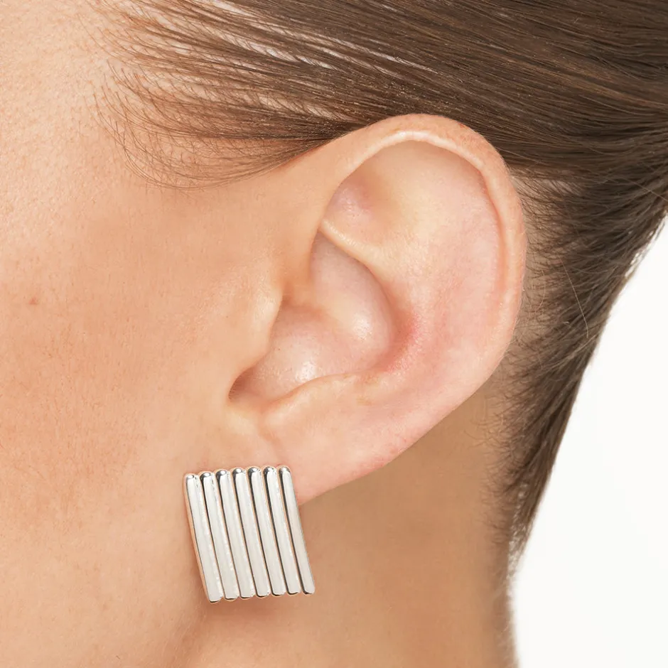 Outlet Ribbed Square Stud Earrings in Silver 925 Sterling Silver | Earrings