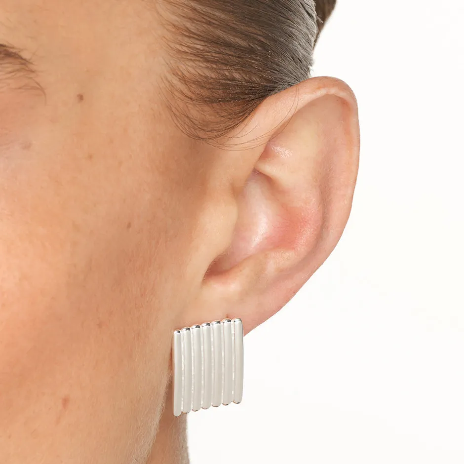 Outlet Ribbed Square Stud Earrings in Silver 925 Sterling Silver | Earrings