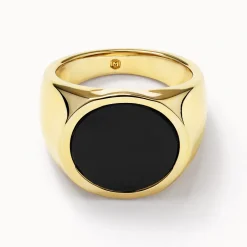 Sale Round Black Onyx Unisex Pinky Ring in Gold Natural Gemstones | 18k Fine Gold Plated
