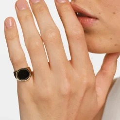 Sale Round Black Onyx Unisex Pinky Ring in Gold Natural Gemstones | 18k Fine Gold Plated