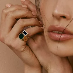 Sale Round Black Onyx Unisex Pinky Ring in Gold Natural Gemstones | 18k Fine Gold Plated