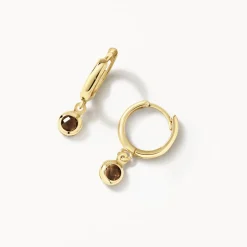 Fashion Smokey Quartz Round Drop Charm Huggies in 10k Gold Natural Gemstones | Earrings