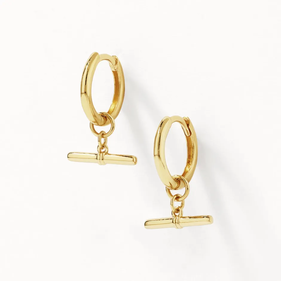 Best T-Bar Drop Charm Huggies in Gold 18k Fine Gold Plated | Earrings