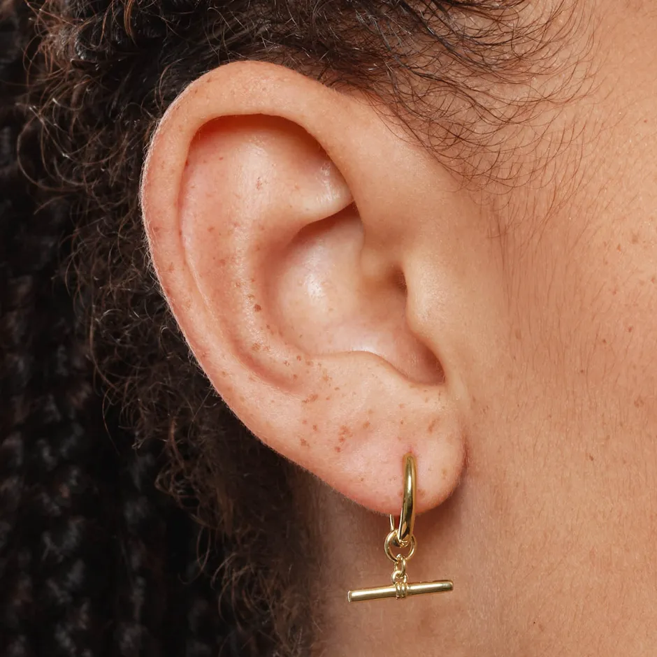 Best T-Bar Drop Charm Huggies in Gold 18k Fine Gold Plated | Earrings
