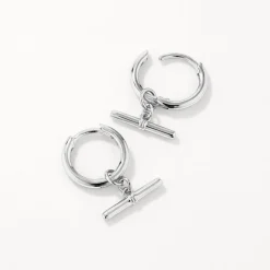 Outlet T-Bar Drop Charm Huggies in Silver 925 Sterling Silver | Earrings