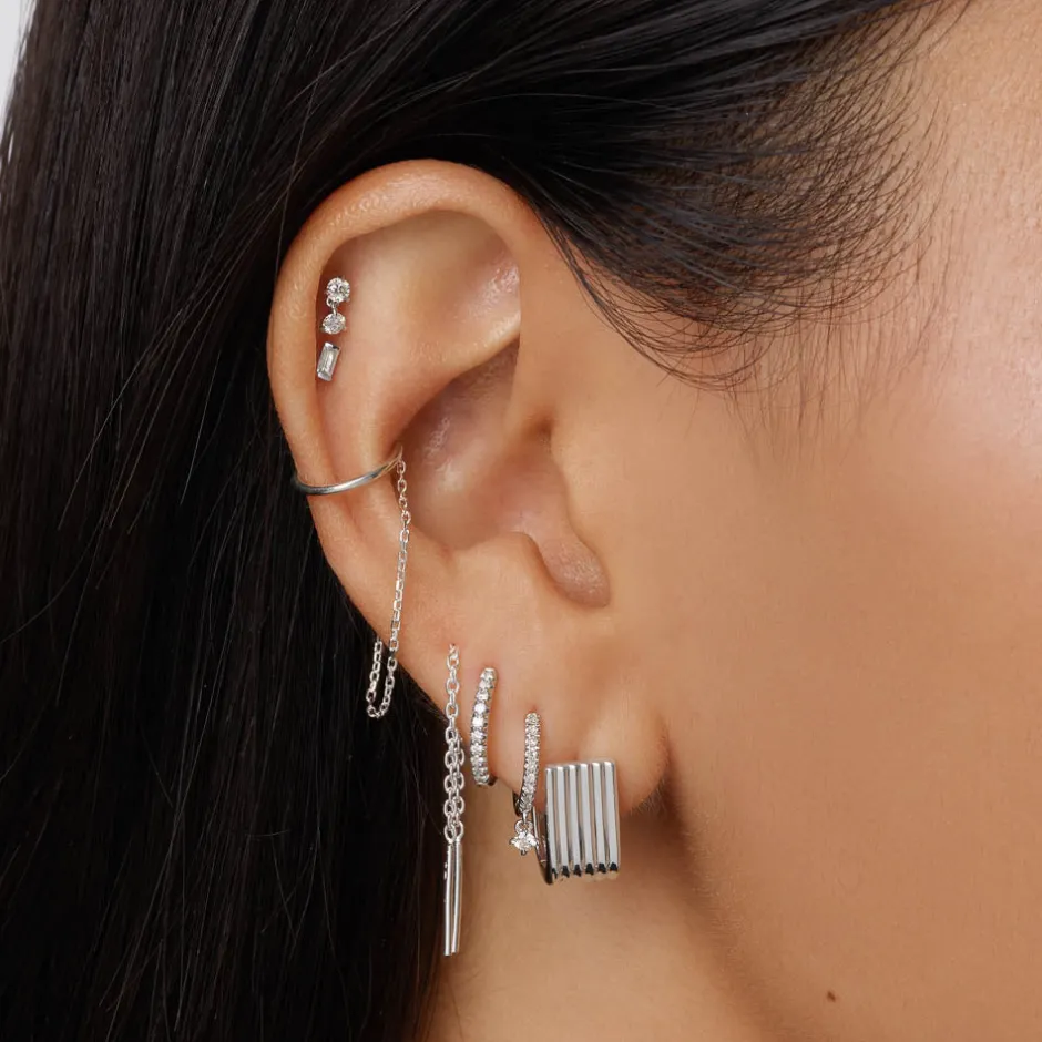 Fashion White Sapphire Baguette Helix Single Stud Earring in Silver Birthstone Jewellery | Natural Gemstones