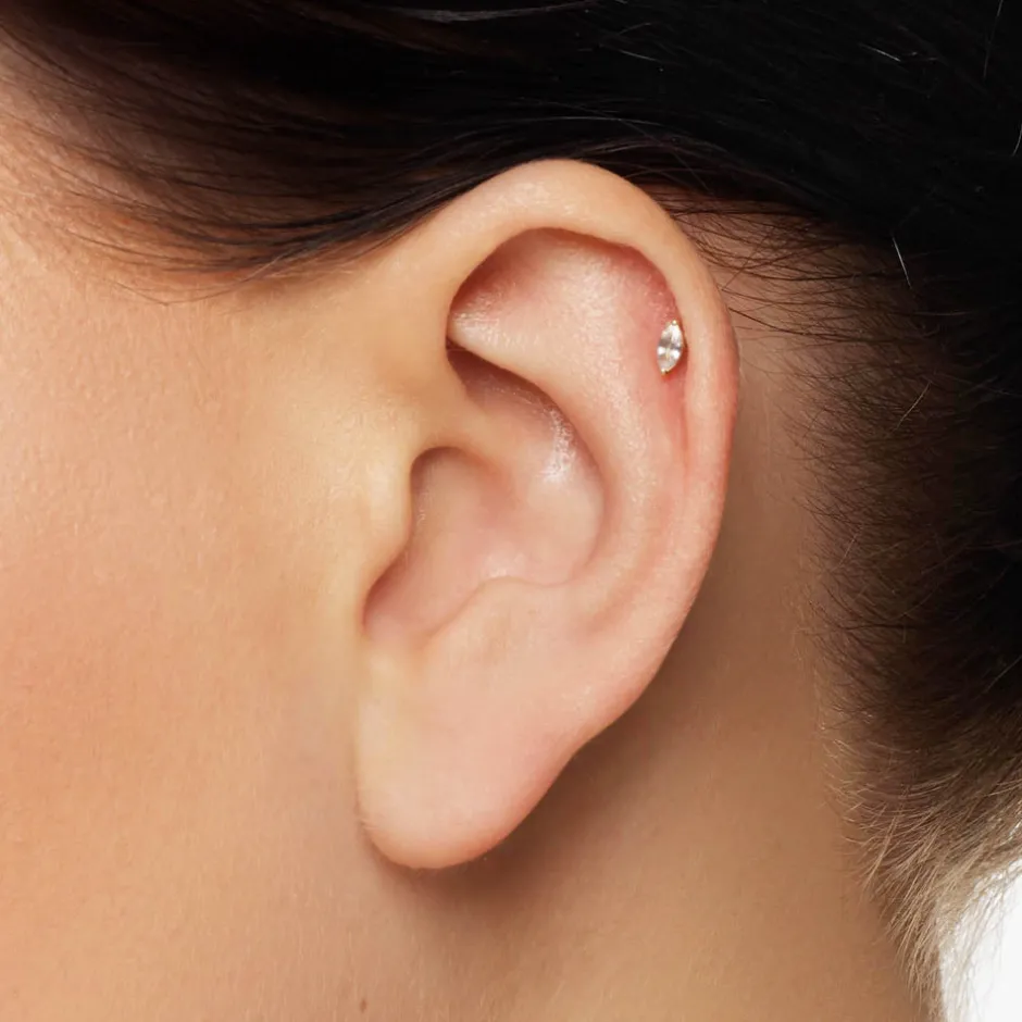 Clearance White Sapphire Marquise Helix Single Stud Earring in 10k Gold Natural Gemstones | 10k Gold