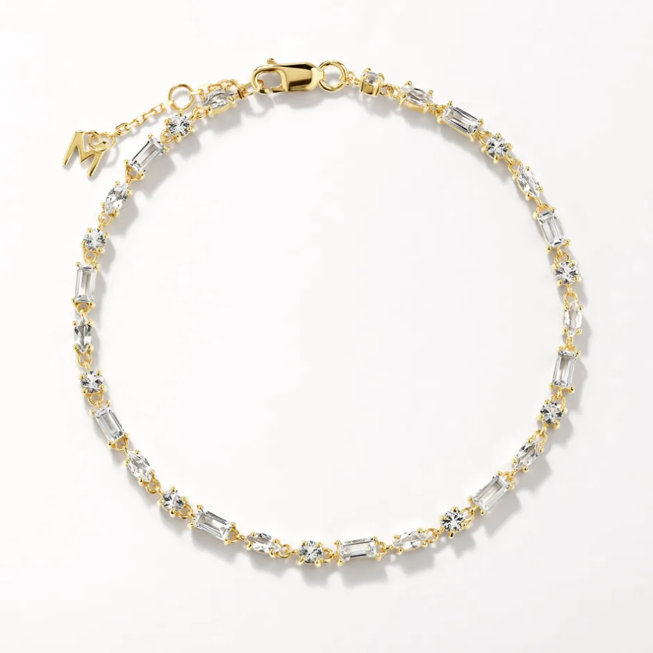 Online White Topaz Baguette and Round Tennis Bracelet in Gold Natural Gemstones | 18k Fine Gold Plated