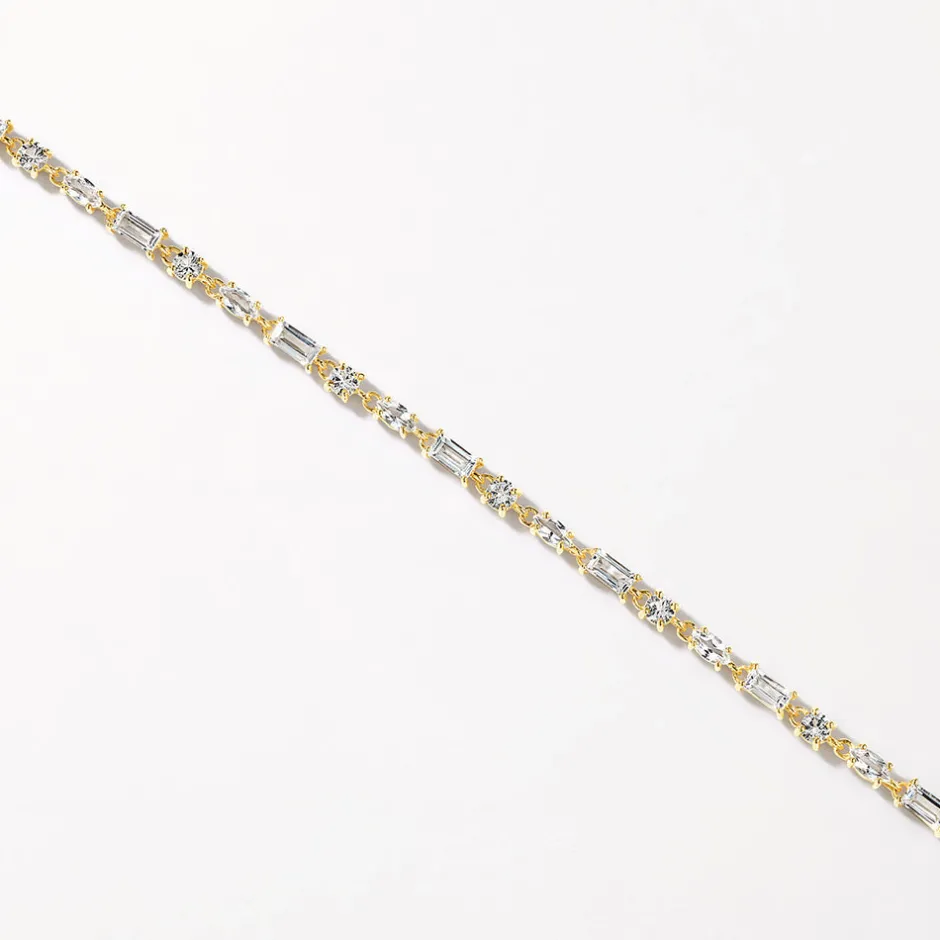 Online White Topaz Baguette and Round Tennis Bracelet in Gold Natural Gemstones | 18k Fine Gold Plated