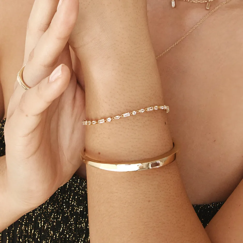 Online White Topaz Baguette and Round Tennis Bracelet in Gold Natural Gemstones | 18k Fine Gold Plated