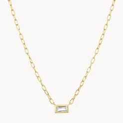 Fashion White Topaz Baguette Chain Necklace in Gold Natural Gemstones | 18k Fine Gold Plated