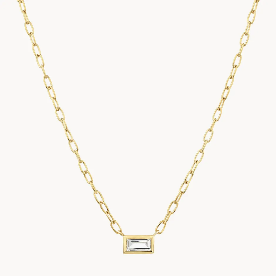 Fashion White Topaz Baguette Chain Necklace in Gold Natural Gemstones | 18k Fine Gold Plated