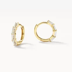 Clearance White Topaz Baguette Huggie Earrings in Gold Natural Gemstones | 18k Fine Gold Plated