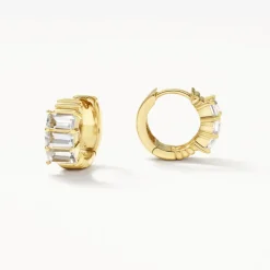 Online White Topaz Baguette Textured Huggie Earrings in Gold Natural Gemstones | 18k Fine Gold Plated