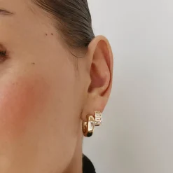 Online White Topaz Baguette Textured Huggie Earrings in Gold Natural Gemstones | 18k Fine Gold Plated