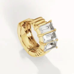 Online White Topaz Baguette Textured Huggie Earrings in Gold Natural Gemstones | 18k Fine Gold Plated